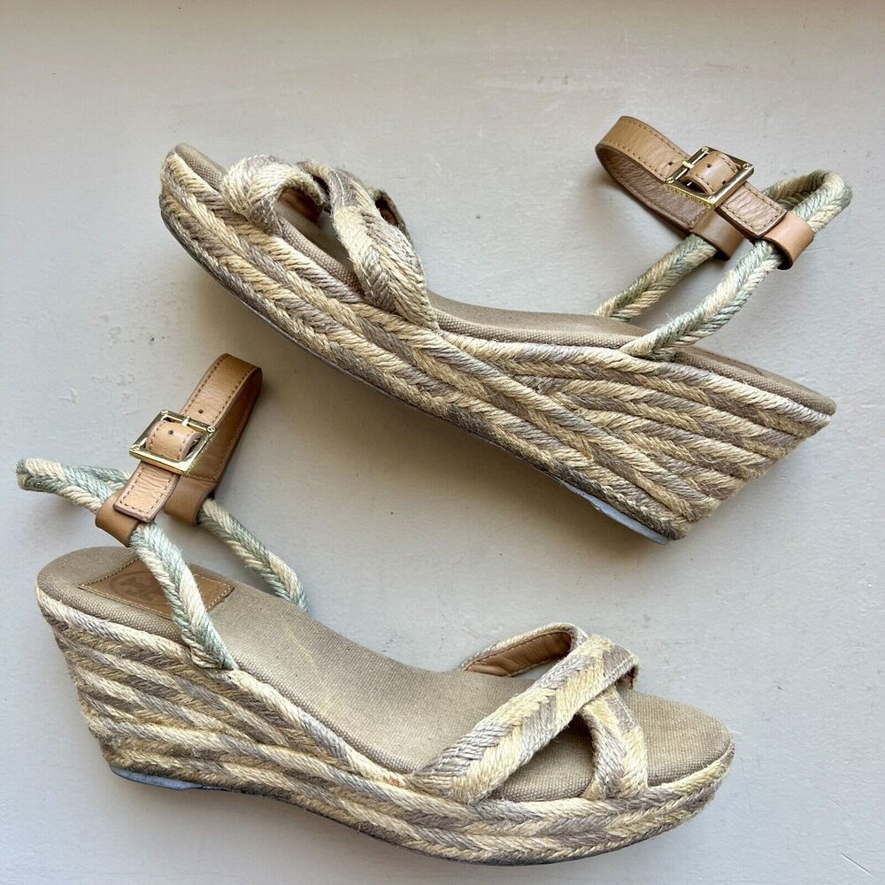 Tory Burch Camelia Tan Taupe Blended Jute Espadrille Wedge Sandal Ankle Strap 10